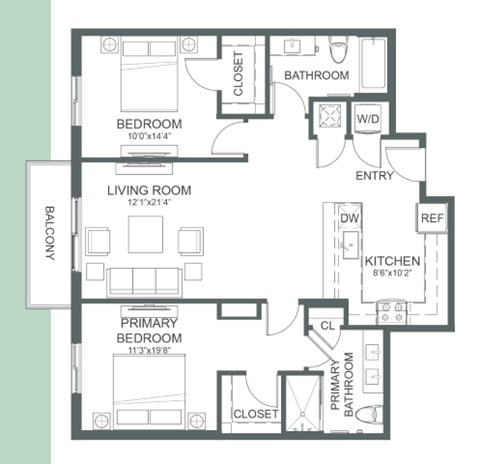 Floor plan for 2 beds, 2 baths, 1080 sqft